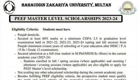 Read more about the article PEEF Master Level Scholarships 2023-2024 Sponsored by BZU, Multan