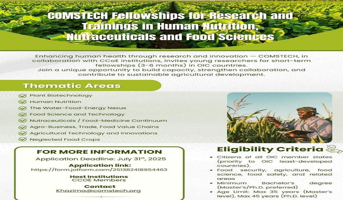 Program: COMSTECH Fellowship for Research and Trainings in Human Nutrition, Nutraceuticals and Food Sciences