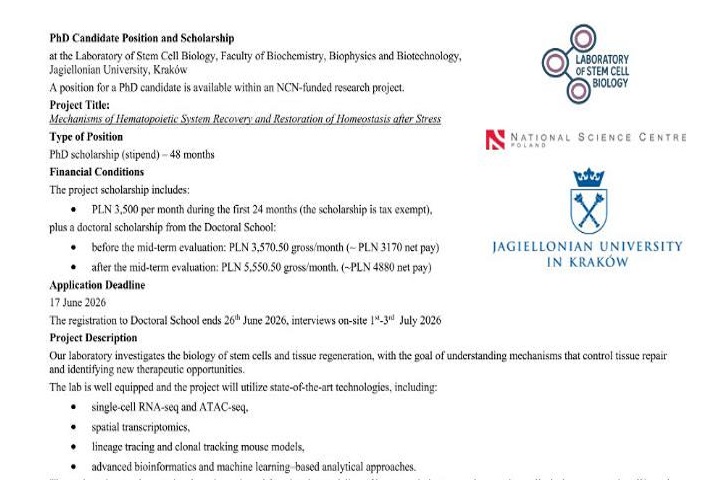 Event: PhD Position in Mechanisms of Hematopoietic System – Jagiellonian University, Kraków, Poland